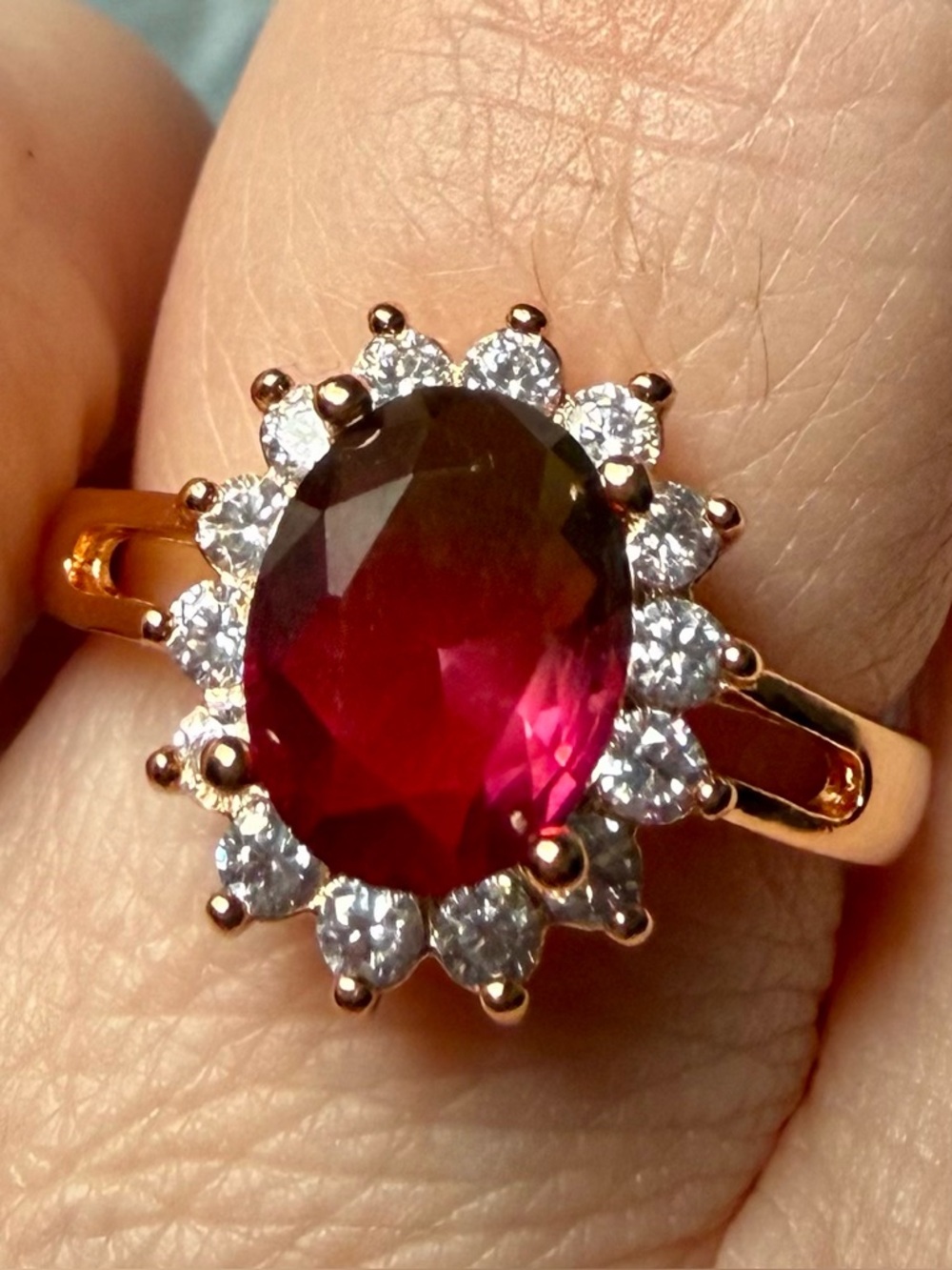 NEW!!Gold-Plated Red Oval Halo Ring with Clear Accent Stones